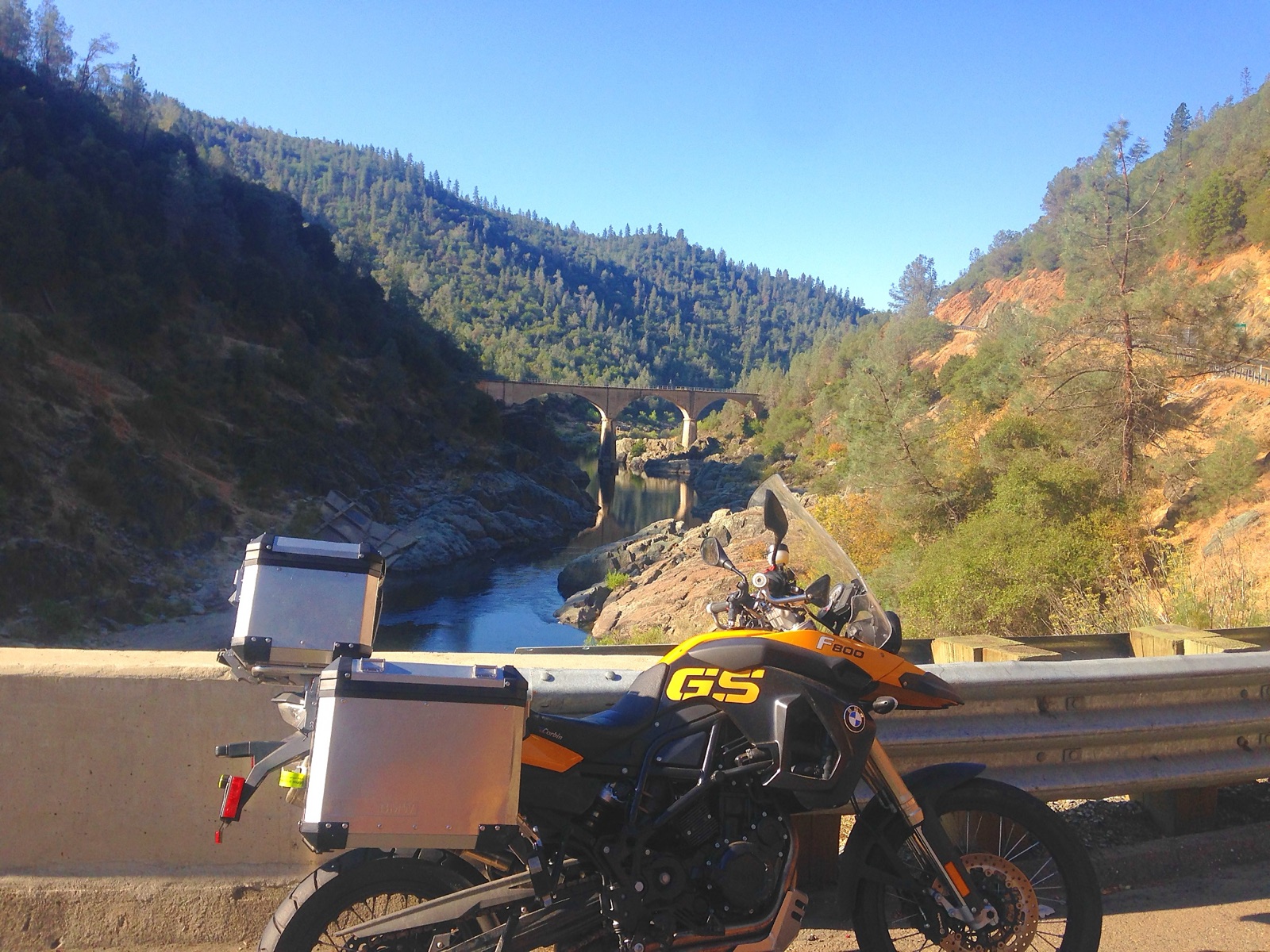 The motorcycle above the American River canyon