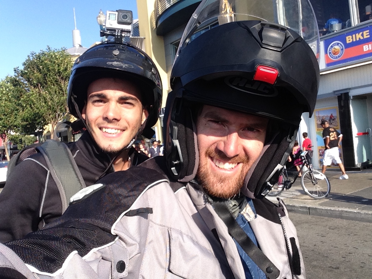 A helmet selfie with another motorcyclist in San Francisco