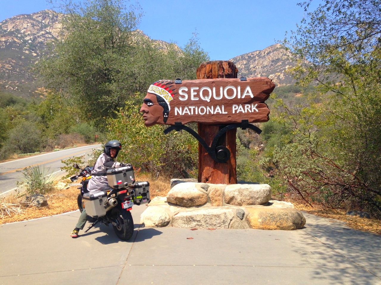 The carved timber Sequoia National Park entrance sign