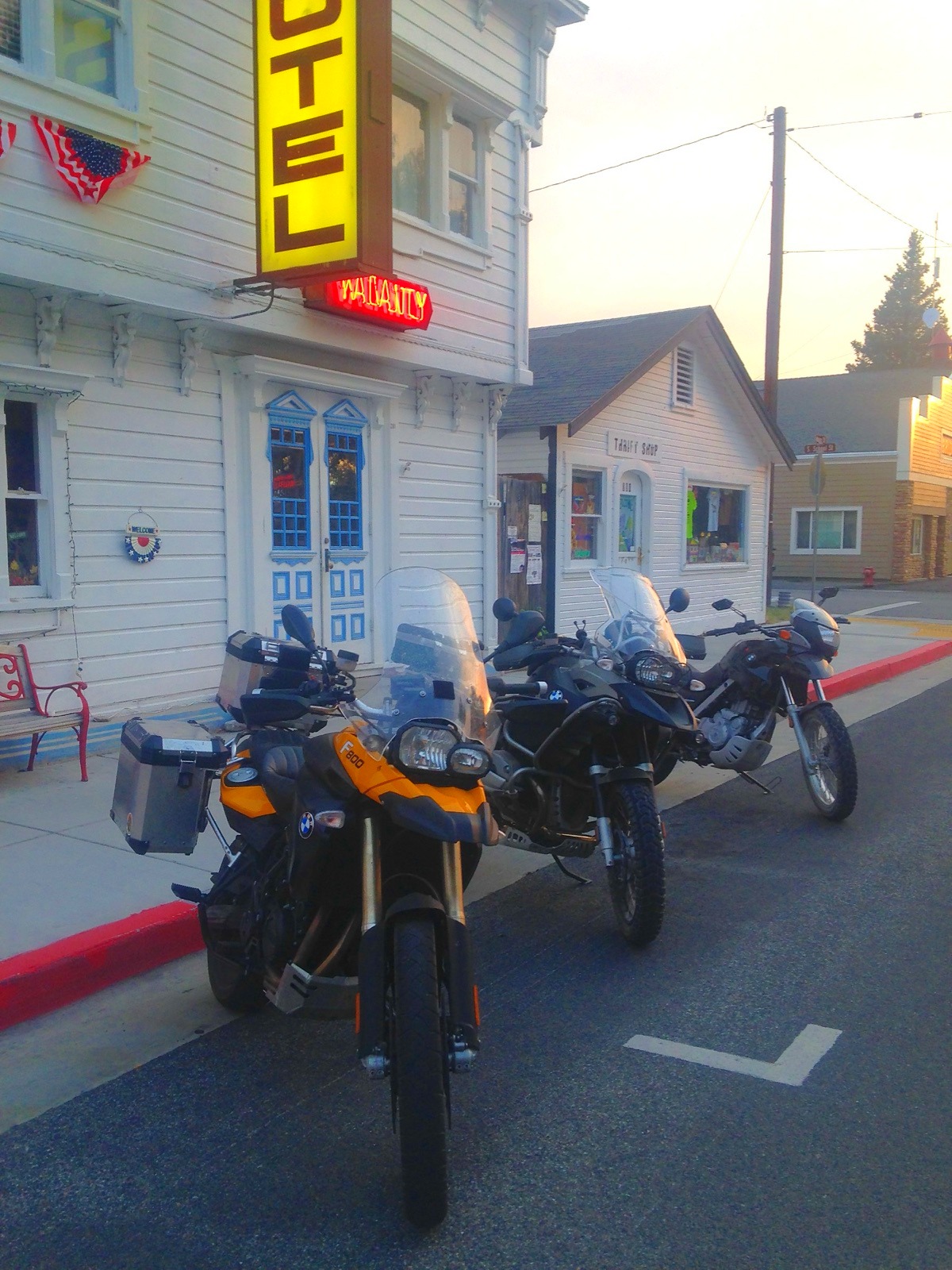 The motorcycle outside a hotel in Bridgeport