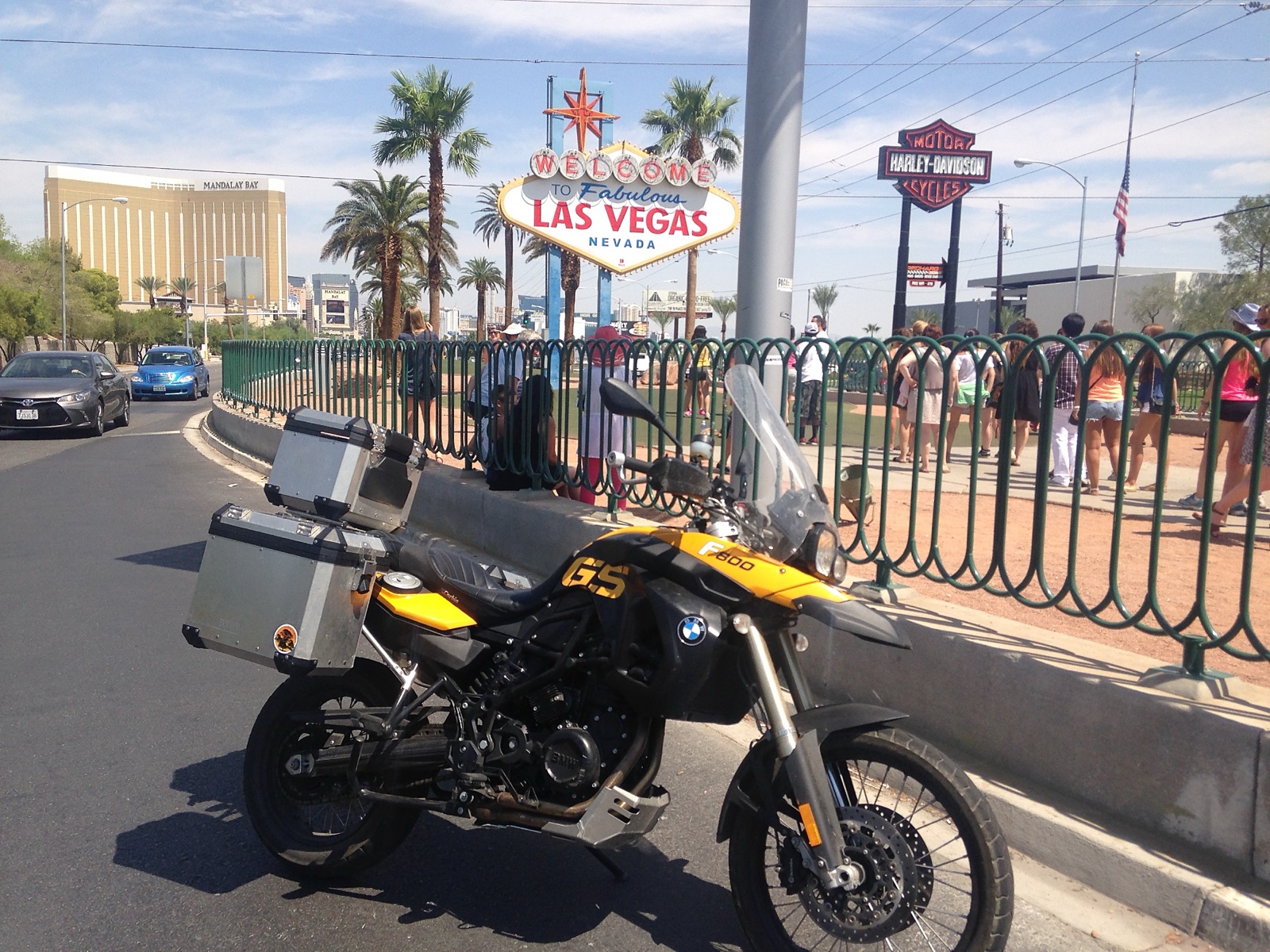The motorcycle in front of the Welcome to Fabulous Las Vegas sign