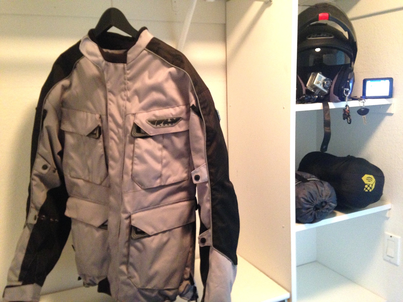 A riding jacket and helmet in a Californian motorcycle shop