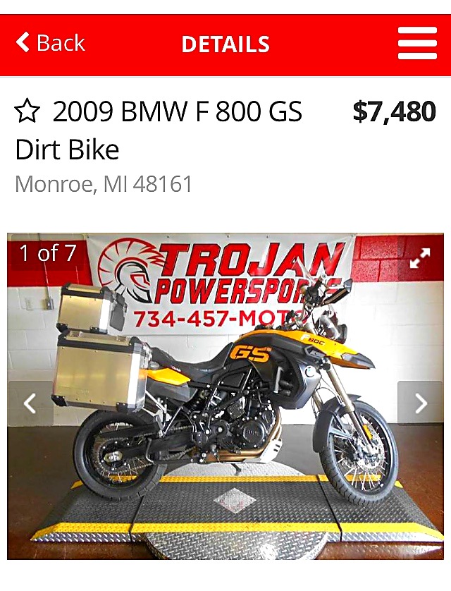 A cycletrader listing for a 2009 BMW F 800 GS at 7,480 dollars in Monroe, Michigan