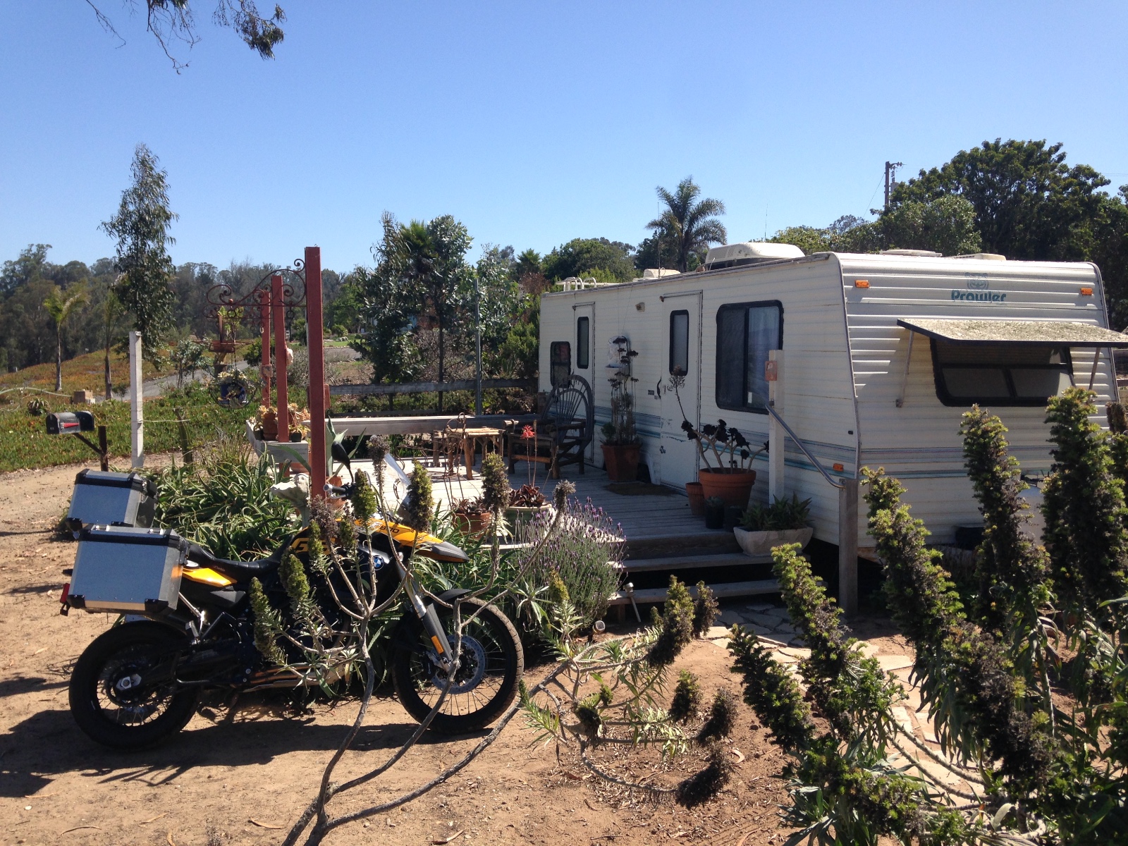 The motorcycle outside a trailer home among succulents