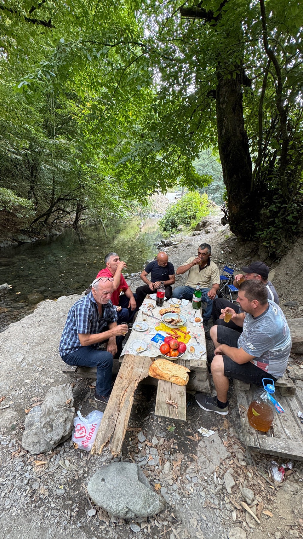 A group eating at a table in the countryside
