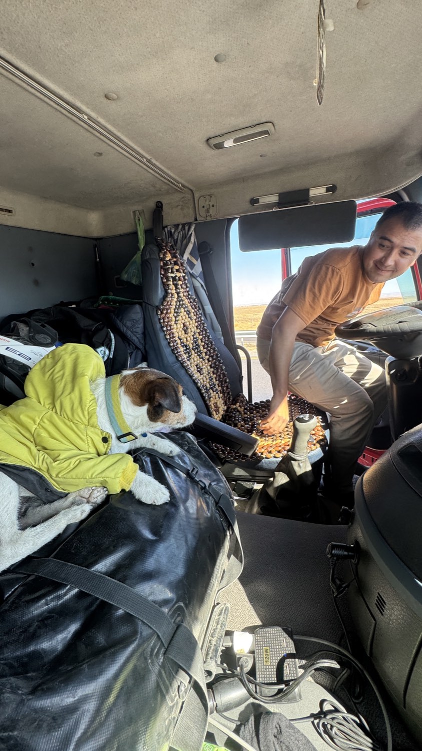 Jacko in his yellow coat on the luggage inside the lorry cab, the driver beside him