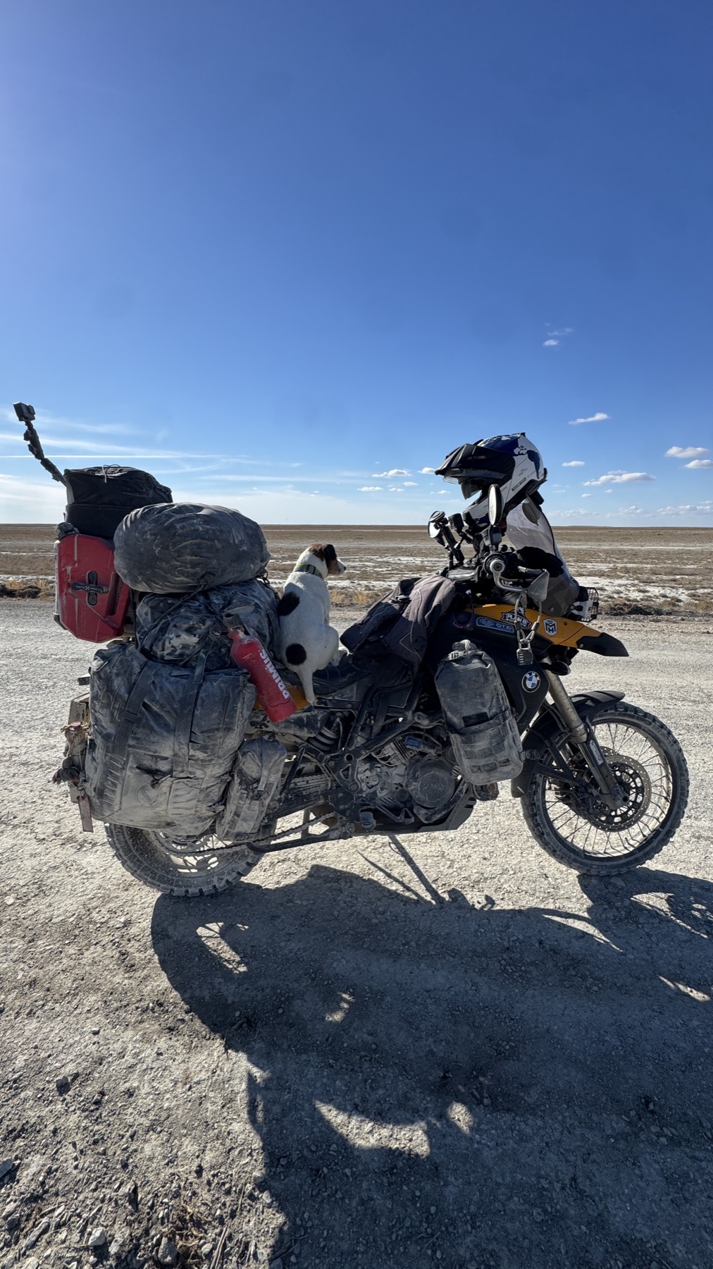 The loaded BMW F800 GS on the steppe with Jacko sitting on the luggage