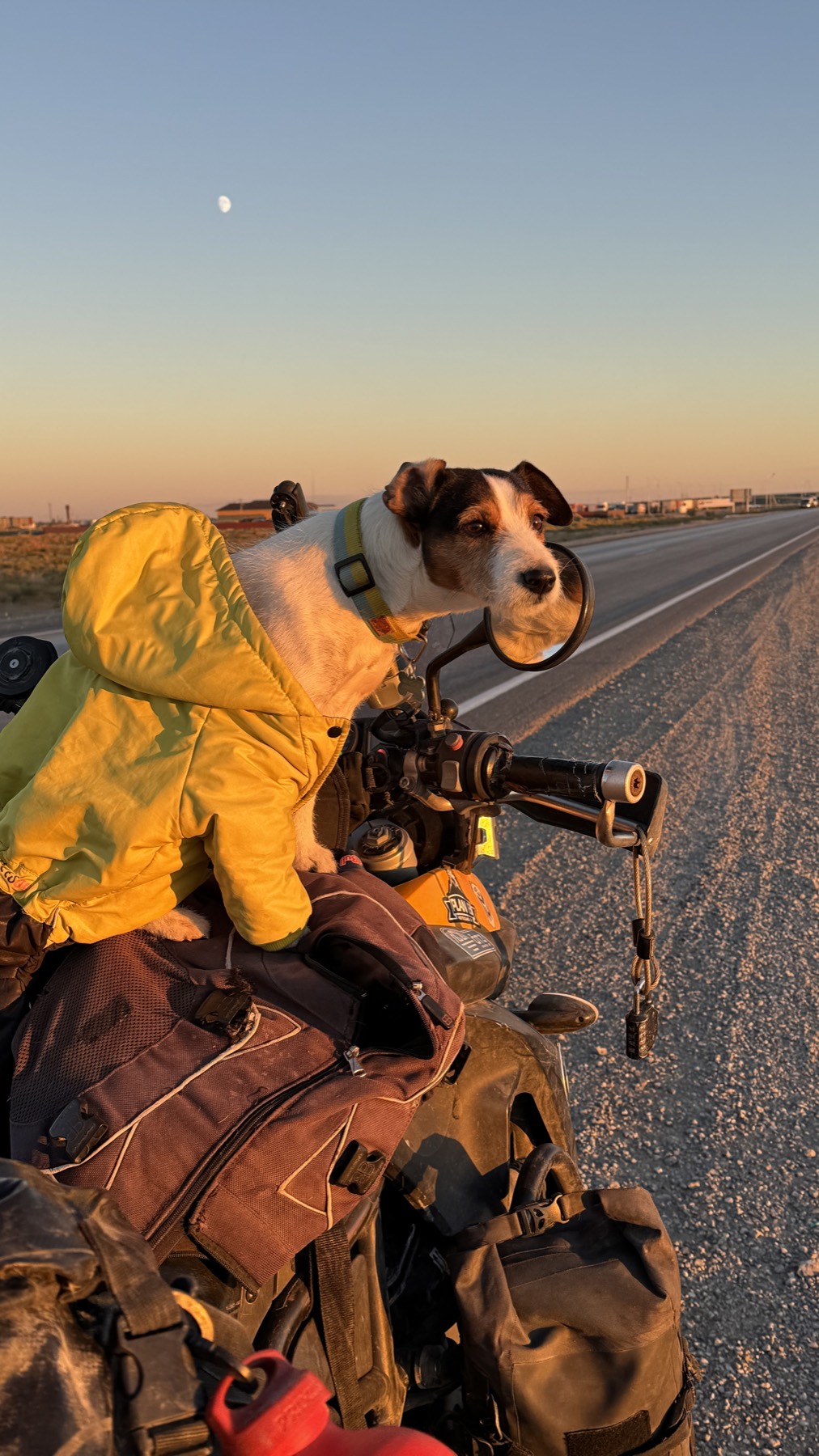 Jacko in a padded yellow coat on the motorcycle, reflected in the mirror
