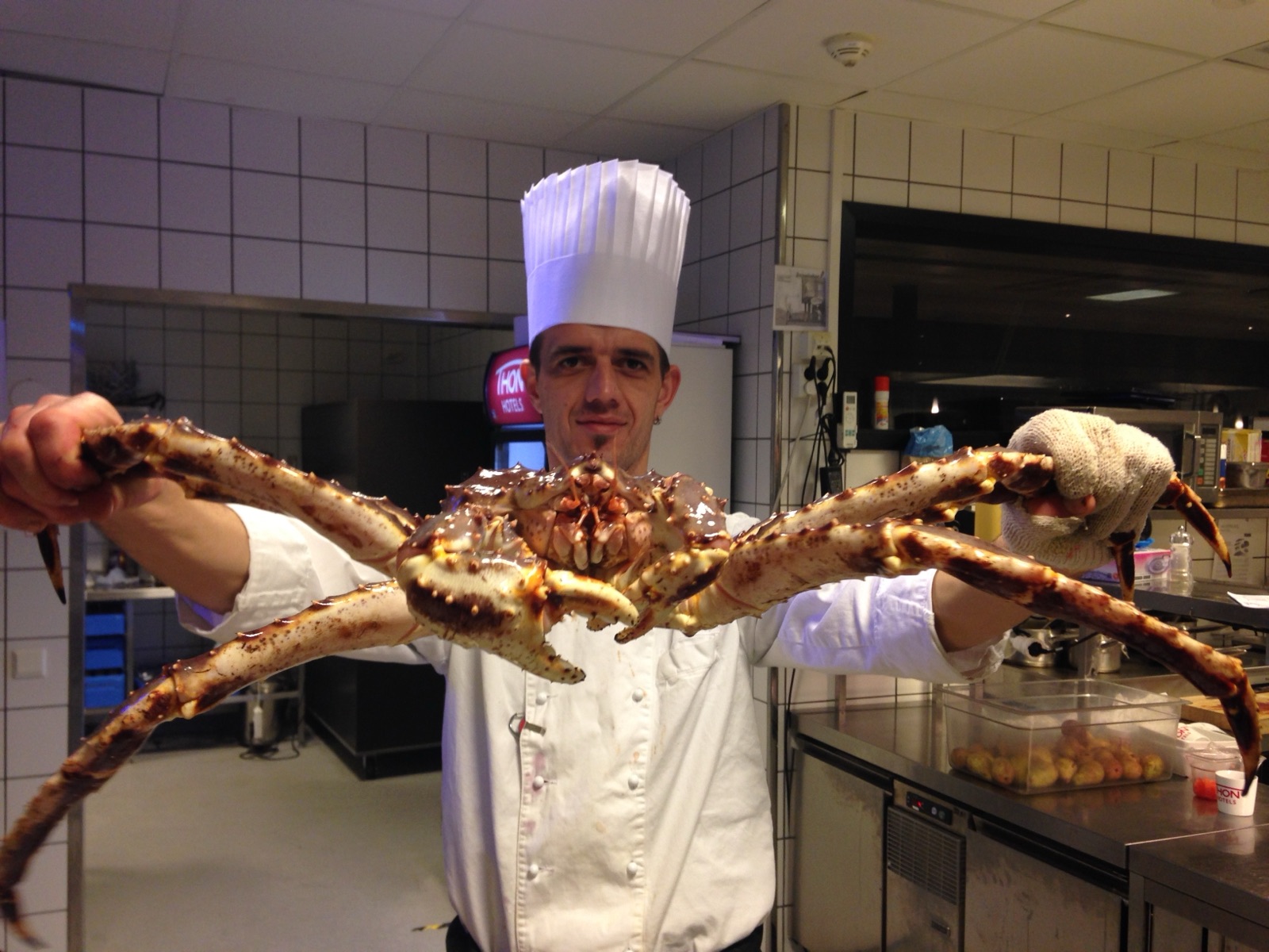 A chef holding an enormous king crab