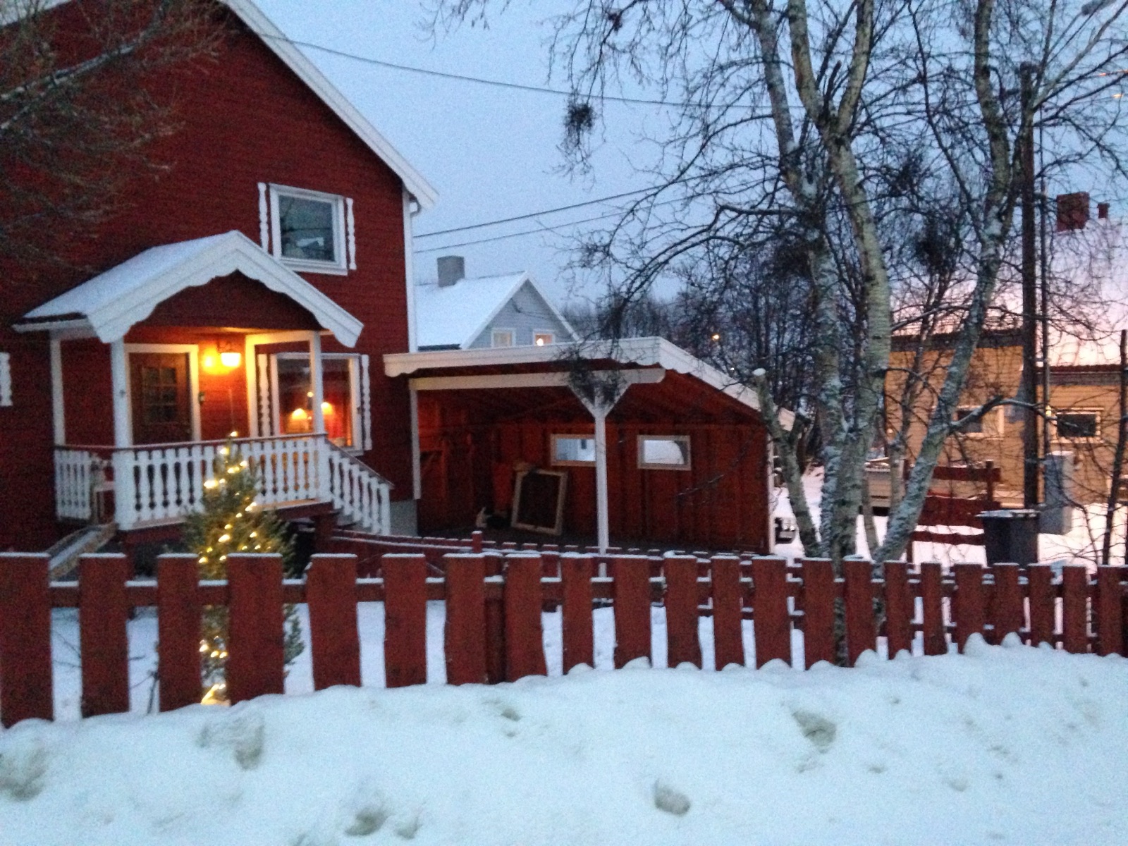 A red timber house with a lit Christmas tree