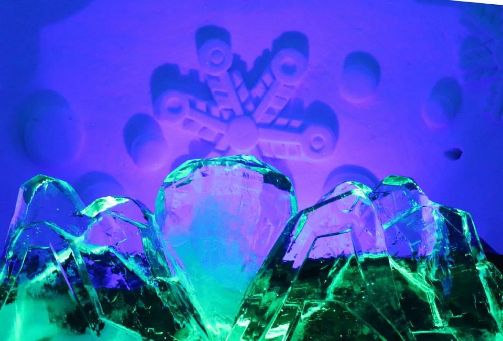 Ice sculptures lit green and blue