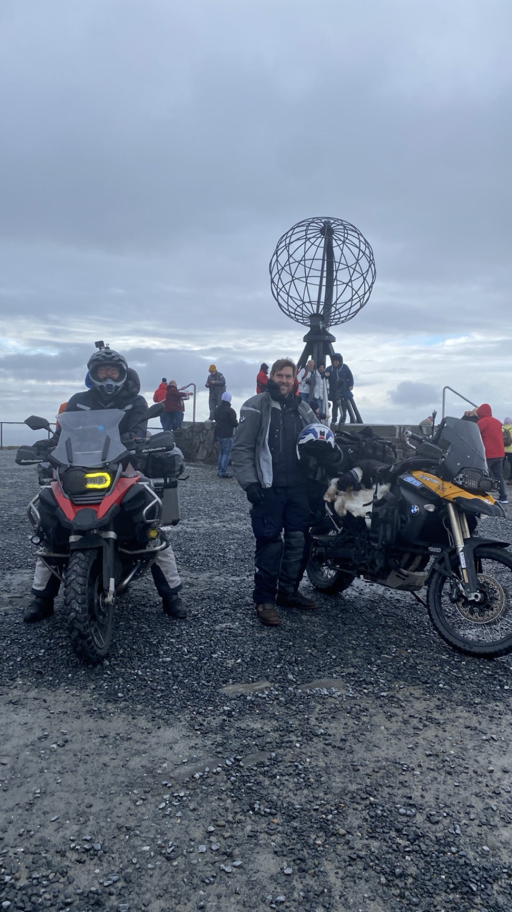 Two loaded motorcycles at the North Cape monument