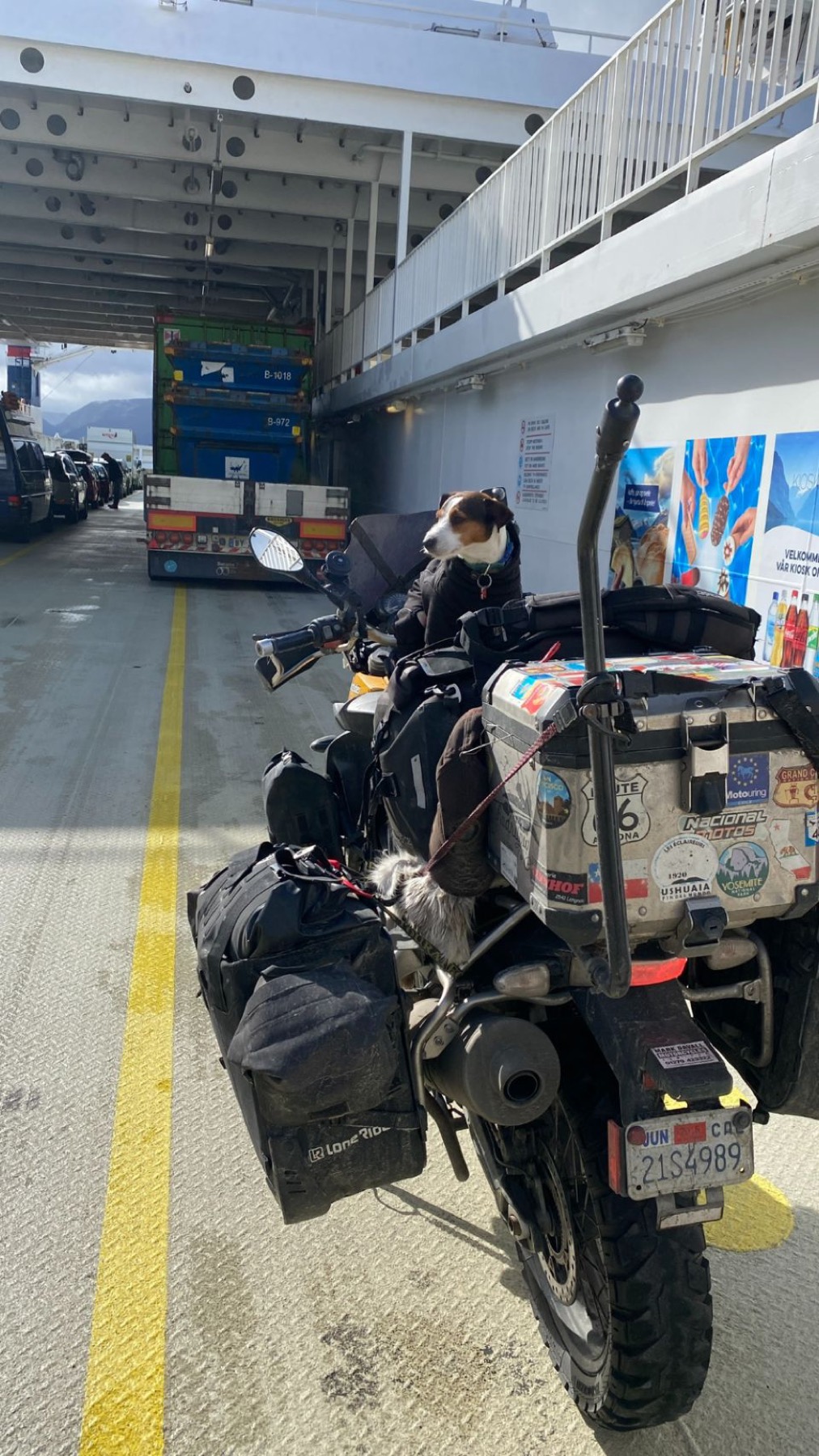 The motorcycle strapped down on a ferry deck