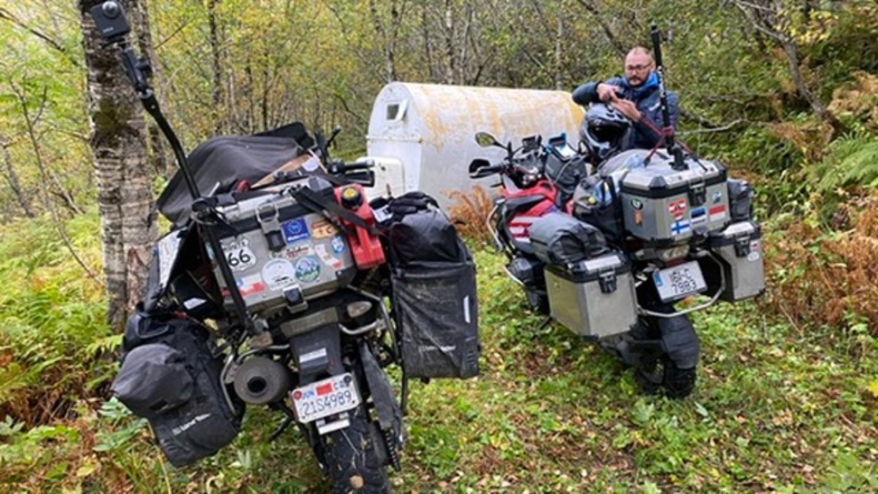 Two loaded motorcycles among autumn birch trees