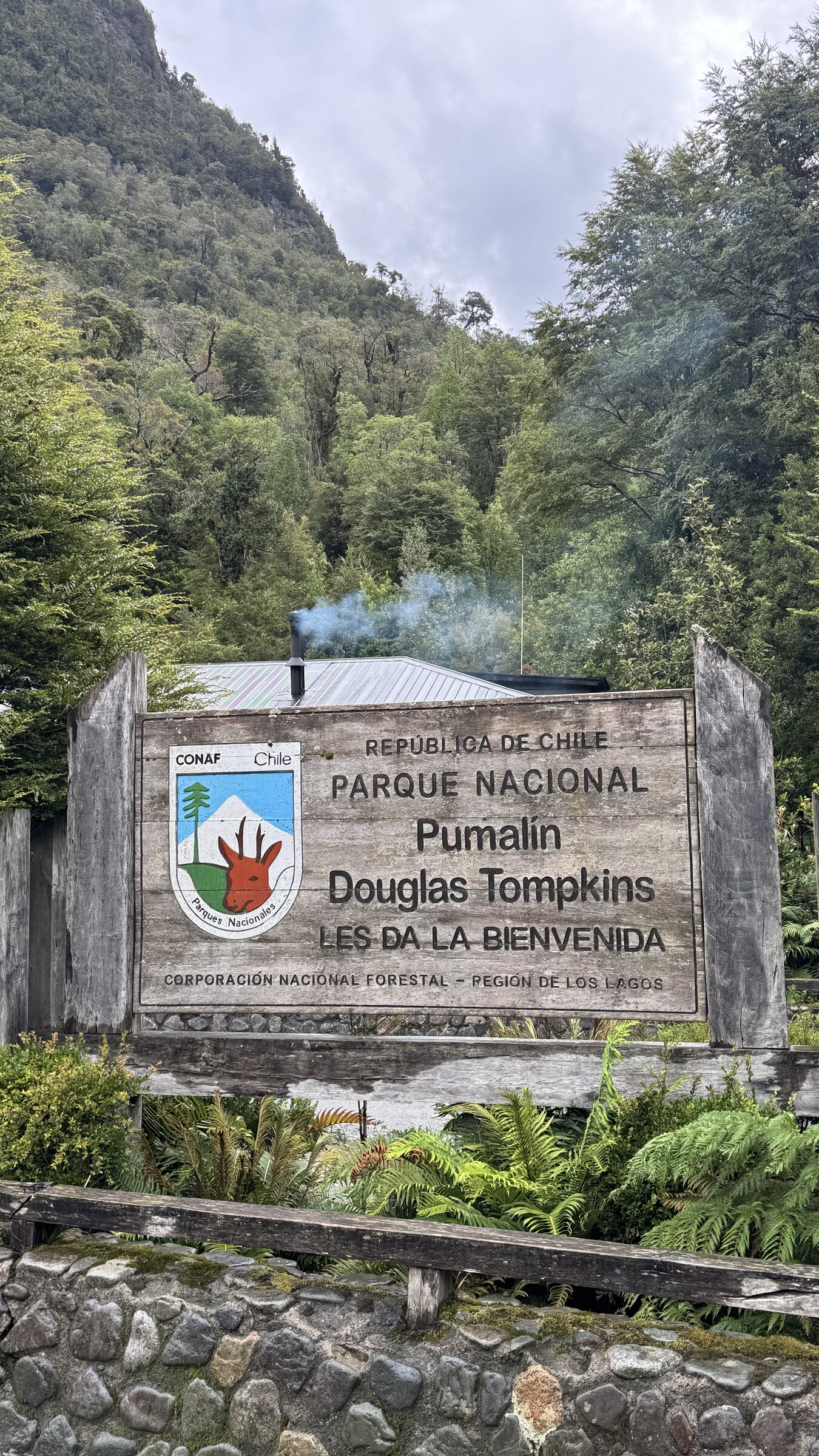 Pumalín National Park sign in wet Patagonia forest