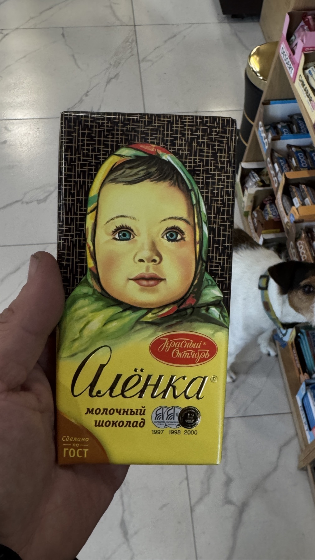 A bar of Alionka chocolate held up inside a shop, with Jacko on the floor behind it