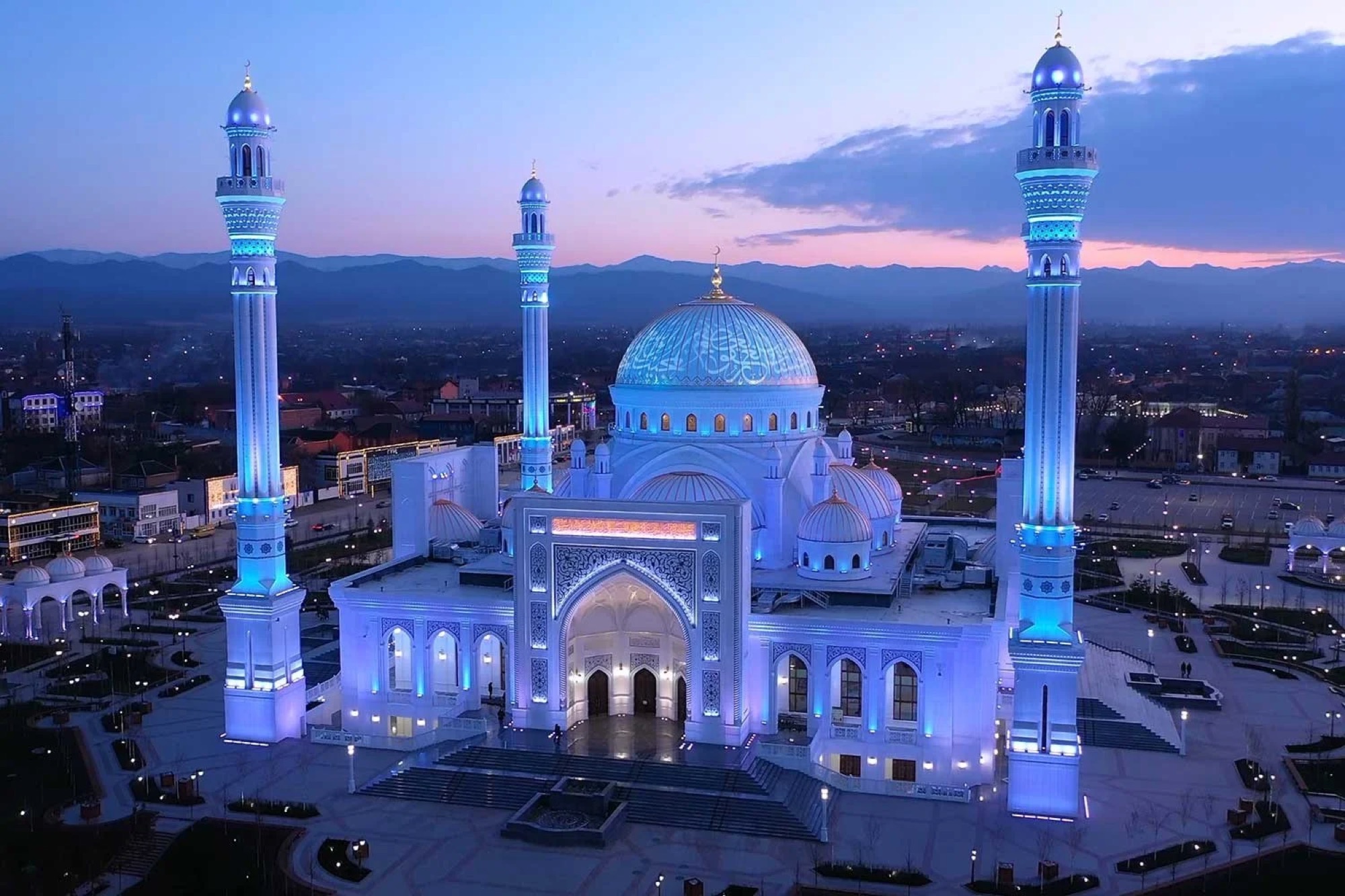The Pride of Muslims mosque in Shali, Chechnya, floodlit at dusk