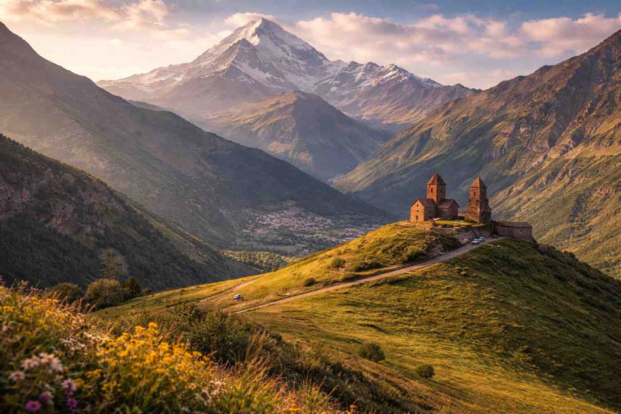 The Gergeti Trinity church on its hill above Stepantsminda, with Mount Kazbek filling the valley behind