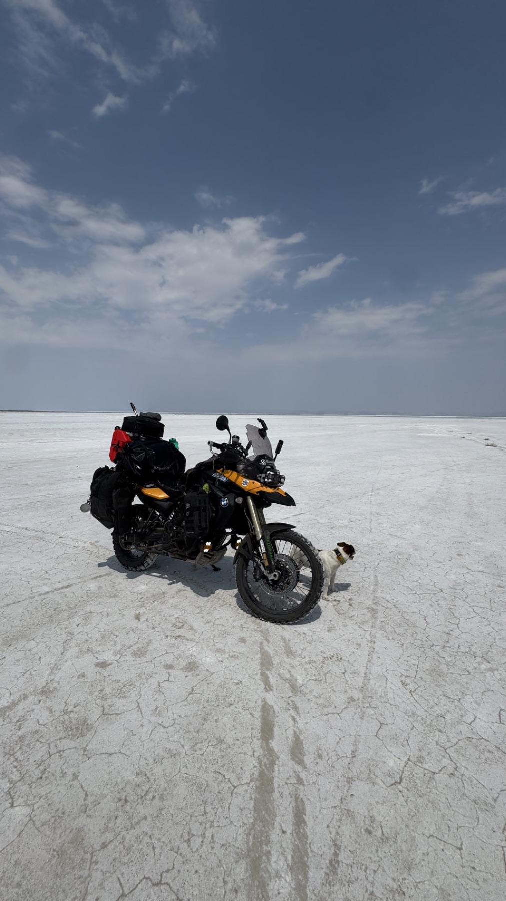 The motorcycle out on the white salt flat